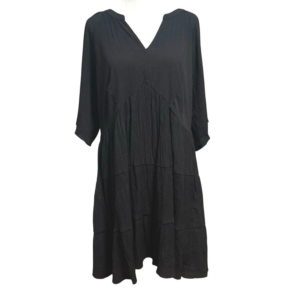 City Chic Size S Plus Size 16 Tiered Mini Dress V Neck Pockets Black Crinkle